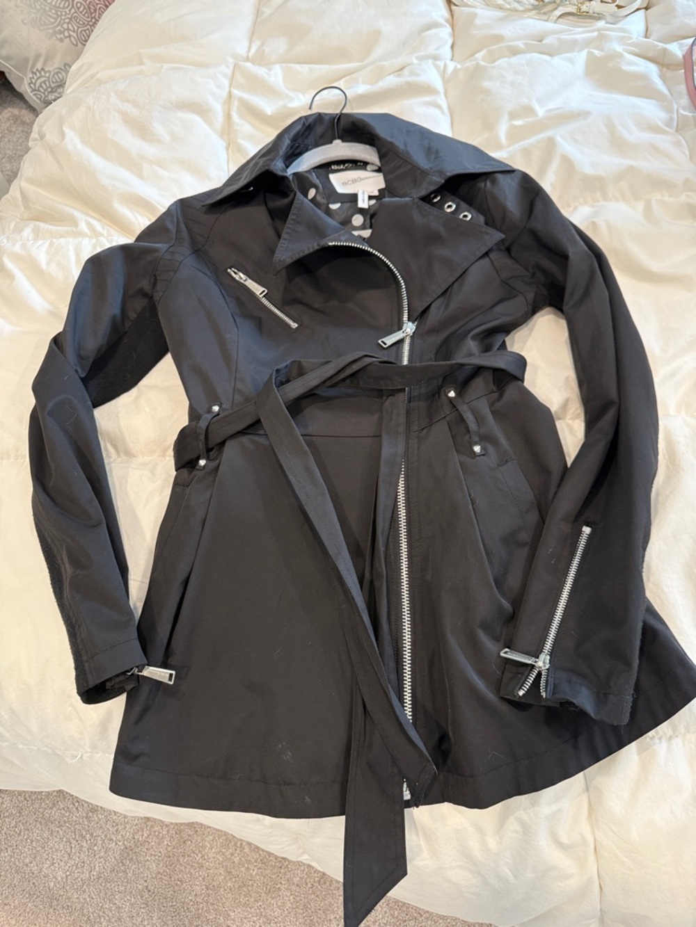 BCBG Black Asymmetrical Trench Coat with Belt